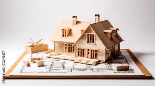Detailed architectural model of a house with exposed wooden beams on top of building plans