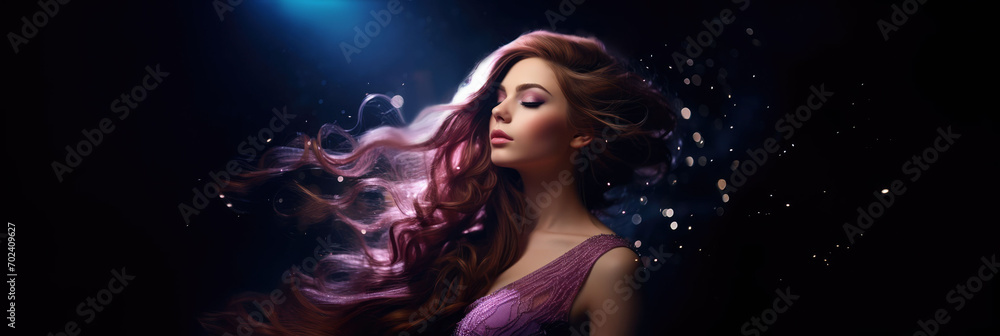 Fototapeta premium portrait of a woman with a long hair, purple dress on dark background. 