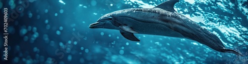 Beautiful underwater scene with dolphin, wide panoramic banner with copy space or web site header. © Sunny_nsk