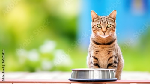 Hungry cat with empty feeding bowl waiting for pet food. Indoor background with copy space. © Sunny_nsk