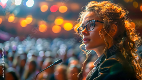 A successful young woman in a business suit and with glasses, a female entrepreneur talking at the conference