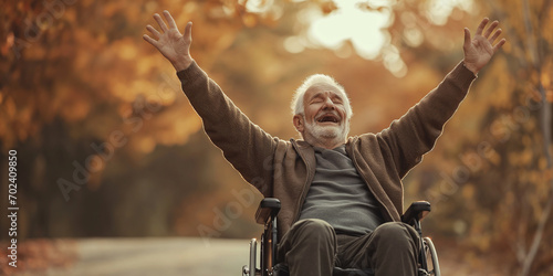Fototapet Smiling old senior man on a wheelchair - diversity and inclusion concept - Prais