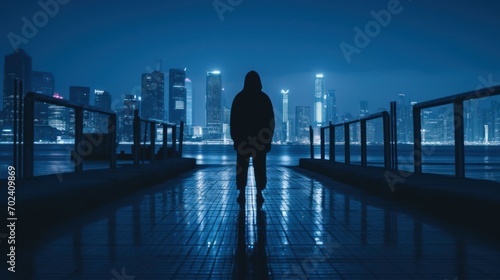 Night city scene with silhouette of dangerous criminal man wearing hood and looking for a victim, illustration for true crime story. Outdoor urban background. photo
