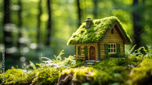 Miniature house covered with moss and greenery, set in a lush, mossy landscape with beams of sunlight filtering through the background.