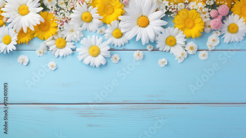 Floral arrangement of white daisies and yellow flowers scattered on a vibrant blue wooden background