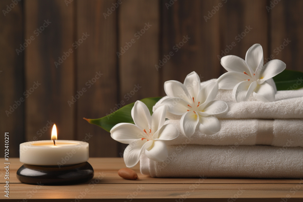 Spa still life with white flower on wooden table closeup