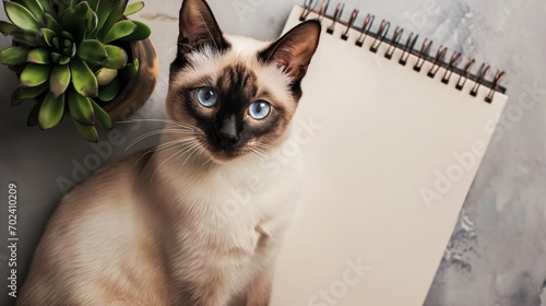 Beautiful Siamese cat lying on blanket with empty clean paper page with place for text, mockup template. Cozy indoor background.