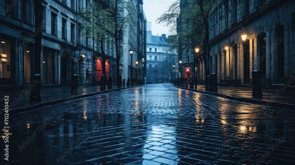 Blue monochrome rainy street landscape background. Blue Monday concept. Sad wallpaper for web, print, card, poster.