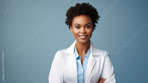 Professional woman with short hair wearing glasses and a white lab coat , smiling confidently with her arms crossed, against a colored background. photo