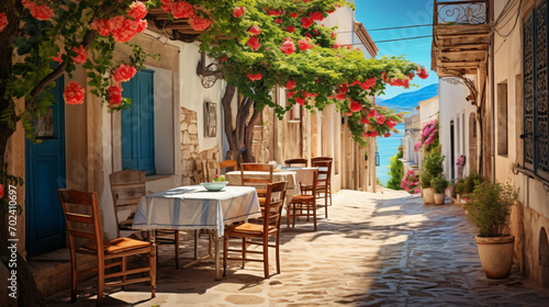 Outdoor cafe on a street of typical greek tradition © John
