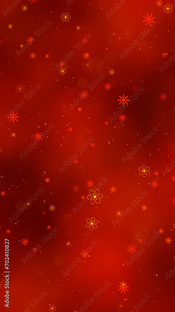 vertical Chinese new year elements on red background, snowflakes and golden flowers, shiny glowing stars social media design element