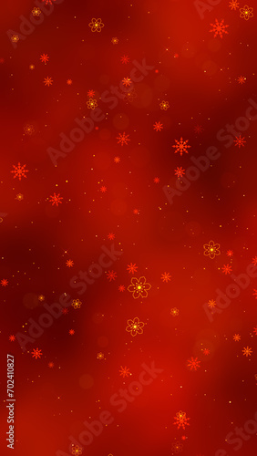 vertical Chinese new year elements on red background, snowflakes and golden flowers, shiny glowing stars social media design element