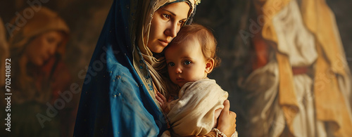 Foto Beautiful scene of Holy Mary holding baby Jesus Christ in her arms, image with space for text, created with Generative Ai technology