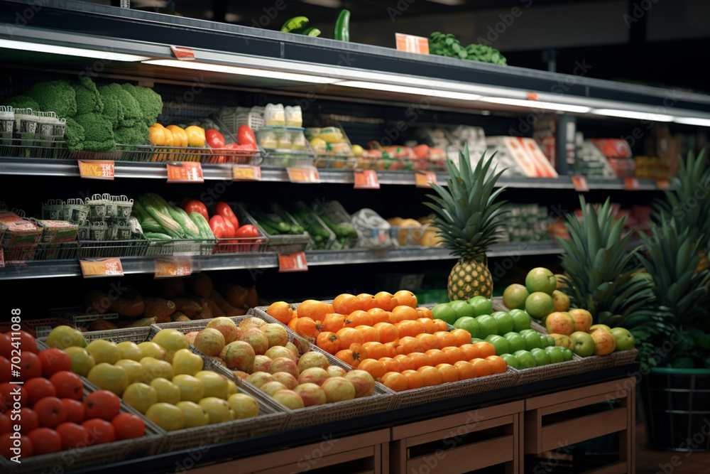 Supermarket shelves with fruits and vegetables