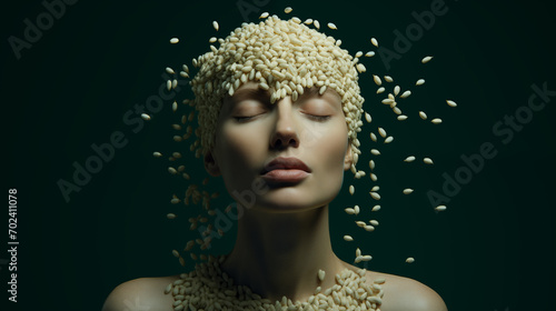 Sinnliches Portrait: Frau mit geschlossenen Augen und Reis auf dem Kopf und im Gesicht. Frontal. Abstrakte Illustration vor grünem Hintergrund.