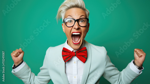 Person with short white hair and glasses, wearing a red bow tie and a mint jacket, celebrating enthusiastically with fists pumped and a wide-open mouth, against a vibrant green background.