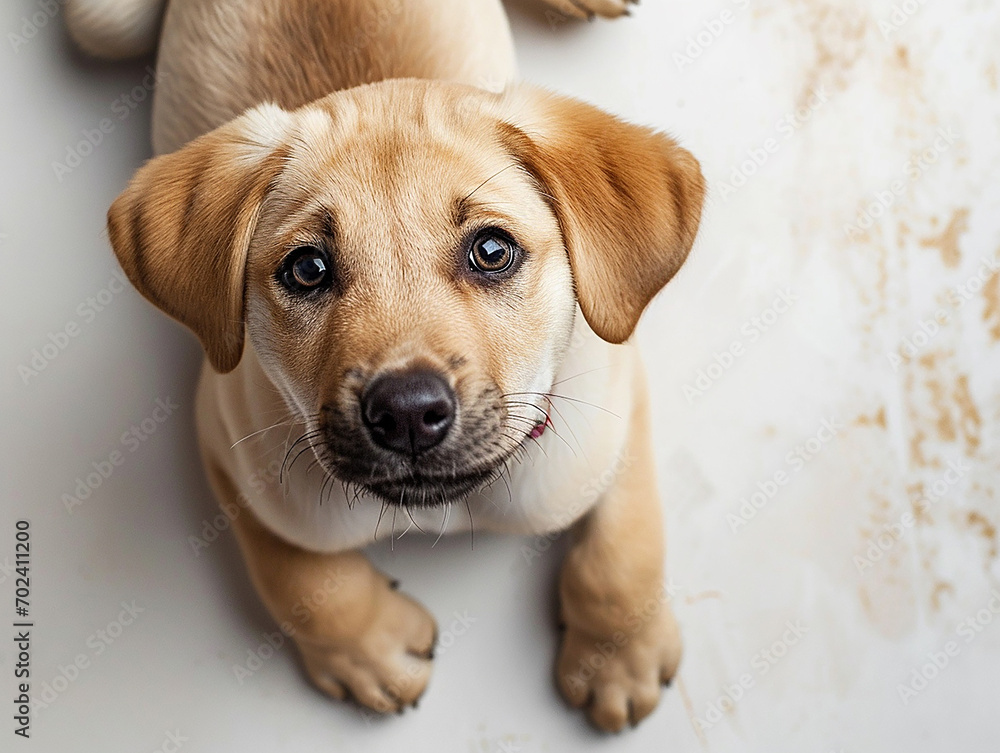 follia pura della giovane età, cane cucciolo di razza labrador visto in posa dall'alto , che gioca e sembra felice e giocoso , sfondo bianco del pavimento, concetto di movimento e azione follia pura della giovane età, cane cucciolo di razza labrador visto in posa dall'alto , che gioca e sembra felice e giocoso , sfondo bianco del pavimento, concetto di movimento e azione