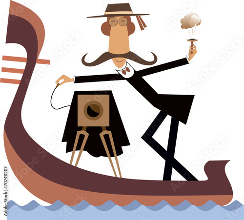 Funny photographer riding a gondola. 
Long mustache gondolier with a retro camera in gondola making a shot. Isolated on white background
