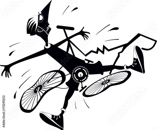 Cyclist man falling down from the bicycle. 
Cyclist man laying under the broken bicycle. Black and white illustration
