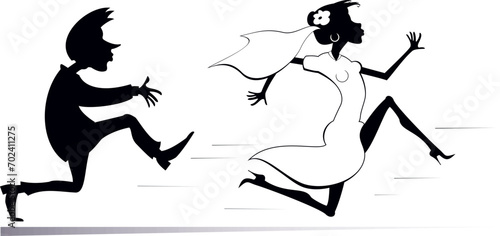 Married wedding couple. Bride runs away from the bridegroom. 
Upset bridegroom trying to catch up a runaway bride. Black and white illustration
