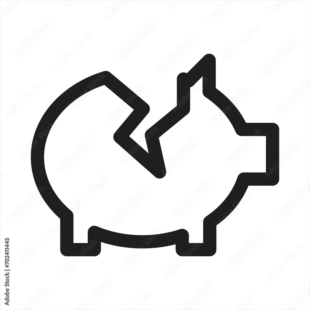 Broken piggy bank icon. Financial crisis. Savings. Broke. Recession. Vector icon isolated on white background. Broken piggy bank icon. Financial crisis. Savings. Broke. Recession. Vector icon isolated on white background.