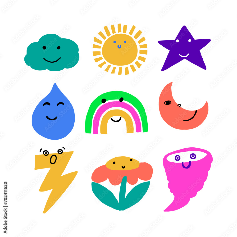 Cute childish weather icons set. Sun, moon crescent, cloud, star, water drop, rainbow, lightning, hurricane, flower symbols. Cute childish weather icons set. Sun, moon crescent, cloud, star, water drop, rainbow, lightning, hurricane, flower symbols.