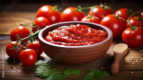 Wooden table with tantalizing bowl of tomato sauce and cherry tomatoes, close up shot