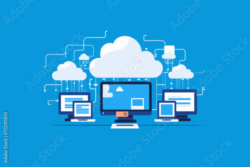 Cloud computing. A digital service or application with data transmission. Network computing technologies. Futuristic Server. Digital space. Data storage. Vector illustration