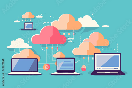 Cloud computing. A digital service or application with data transmission. Network computing technologies. Futuristic Server. Digital space. Data storage. Vector illustration