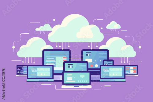 Cloud computing. A digital service or application with data transmission. Network computing technologies. Futuristic Server. Digital space. Data storage. Vector illustration
