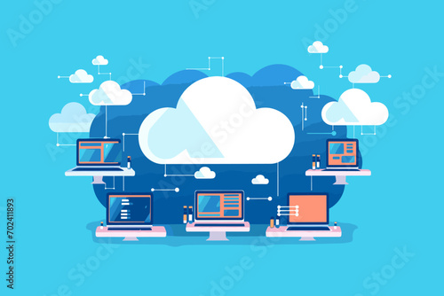 Cloud computing. A digital service or application with data transmission. Network computing technologies. Futuristic Server. Digital space. Data storage. Vector illustration photo