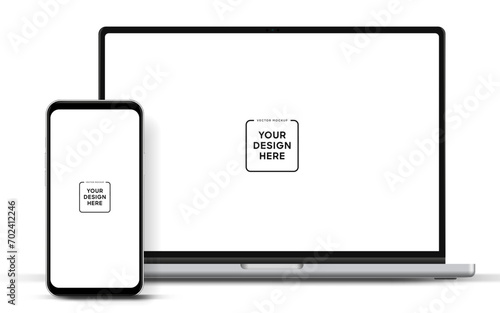 Modern latest laptop mockup front view and smartphone mockup high quality isolated on white background. Notebook mockup and phone device mockup for ui ux app and website presentation Stock Vector.