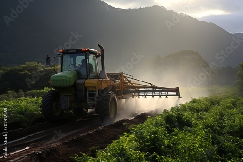 Powerful tractor efficiently spraying pesticides on a lush and healthy vegetable field