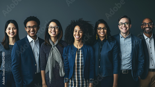 Line-up of cheerful individuals from diverse ethnic backgrounds, with confident smiles, dressed in professional attire, representing a unified team or staff of a modern, inclusive company. photo