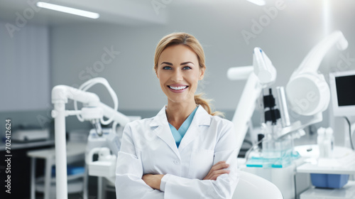 Cheerful dentist woman wearing a lab coat standing in a dental clinic with a dental chair and equipment in the background.