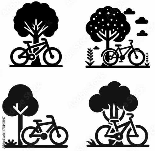 Bicycle and a tree in black and white icons