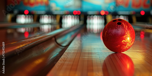 Close-up of a red bowling ball in a bowling alley. Red ball hitting the pins for a strike. Entertainment center, the ball rolling to the pins.