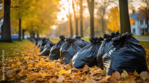 Black plastic bags full of autumn leaves. Large black plastic trash sacks with fallen dried leaves stand on the grass. Seasonal cleaning of city streets from fallen leaves. Cleaning service