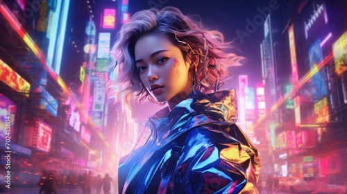 k-pop star in a dazzling, high fashion outfit, with a backdrop of neon-lit, futuristic cityscape, 16:9 photo