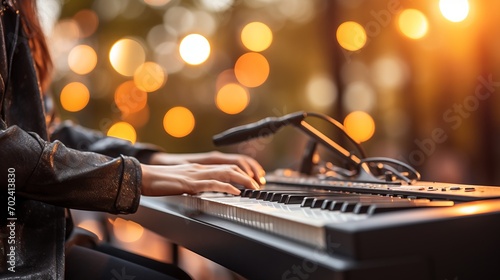 Passionate musician playing keyboard on defocused background with text space for creative expression