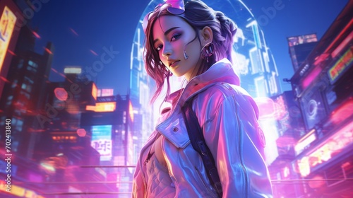 k-pop star in a dazzling, high fashion outfit, with a backdrop of neon-lit, futuristic cityscape, 16:9