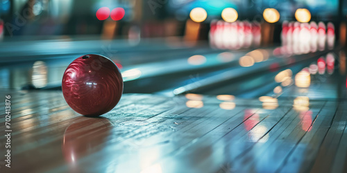 Close-up of a red bowling ball in a bowling alley. Red ball hitting the pins for a strike. Entertainment center, the ball rolling to the pins. photo