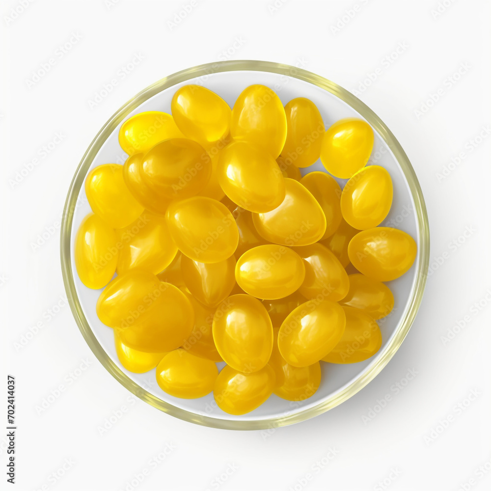 Fototapeta premium a bowl of yellow candies top view isolated on transparent background created with Generative Ai