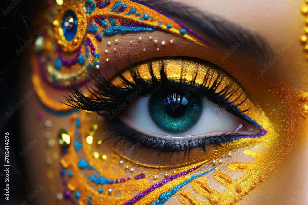 Vibrant Gold and Colorful Eye Makeup with Intricate Details