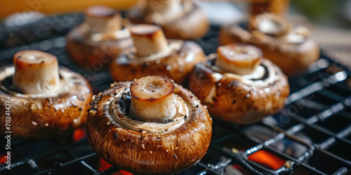 Close-up of lots of Champignon mushrooms on grill bbq grates. Picture for menu, mushroom kebab, vegetarian dish. photo