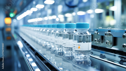 Vials of liquid medication in production line, pharmaceutical manufacturing, medicine and vaccine concept.
