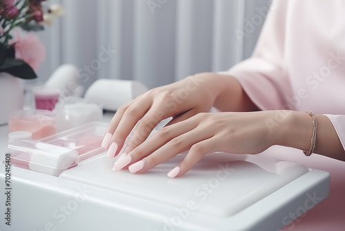 Woman in a nail salon receiving a manicure by a beautician with nail file beauty and hand care