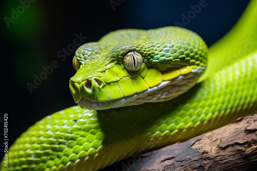 Close up macro shot of a vivid green snake gracefully coiled on a lush jungle tree branch