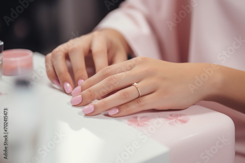 Woman in a nail salon receiving a manicure by a beautician with nail file beauty and hand care