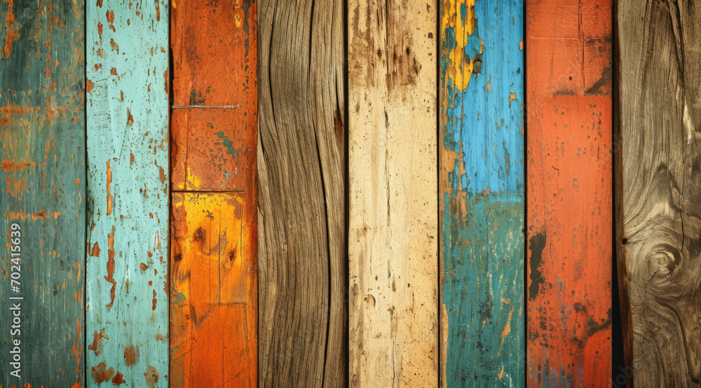 Colourful distressed wooden planks with rustic charm and textured patterns.